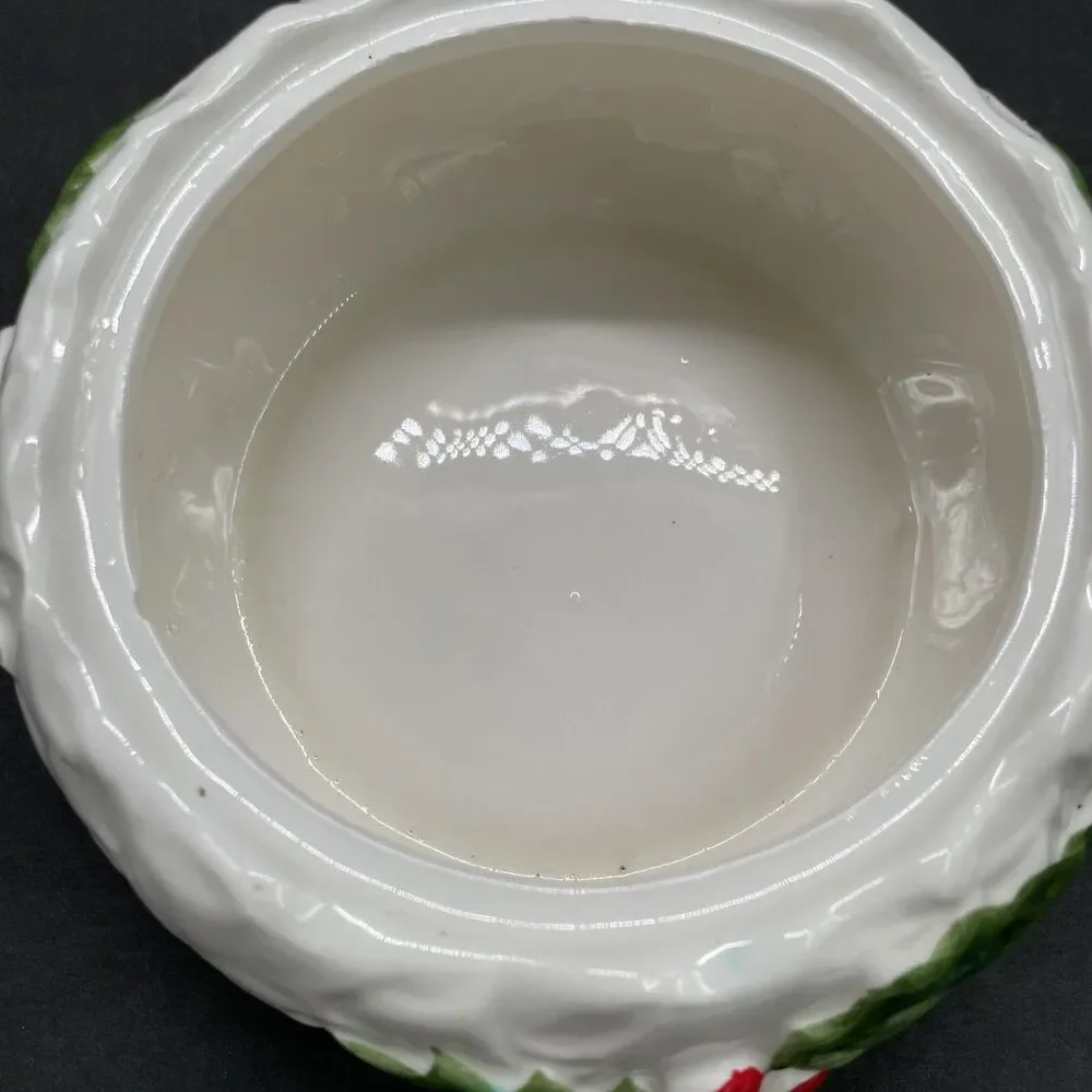 Lefton White Holly Small Round Lidded Box 6064 Covered Candy Bowl 1972/73 Japan